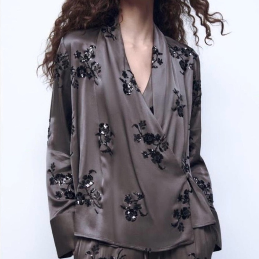 Zara Sequin Embroidered wrap blouse size XS